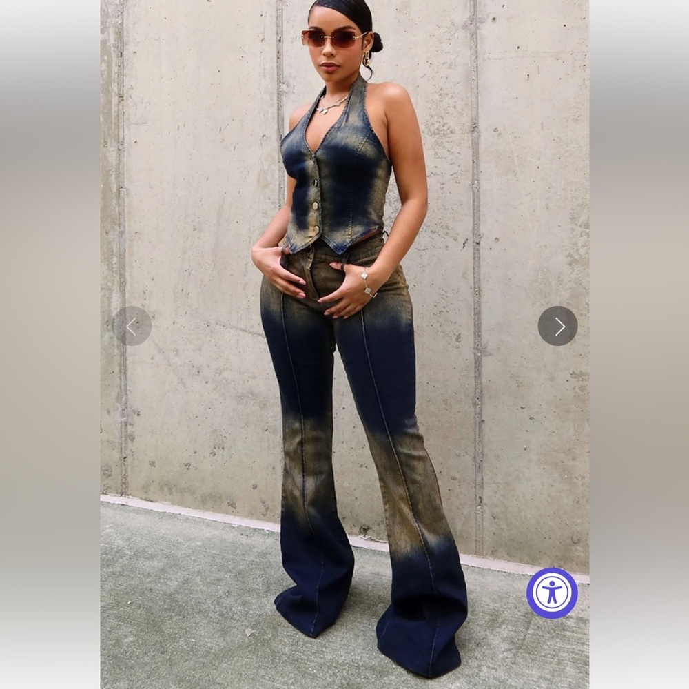 Stylish Denim Halter Top and Flare Pants Set